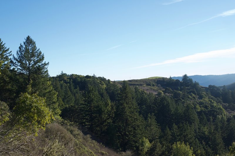 Views of the surrounding hills and mountains can be seen off to the left side of the trail.