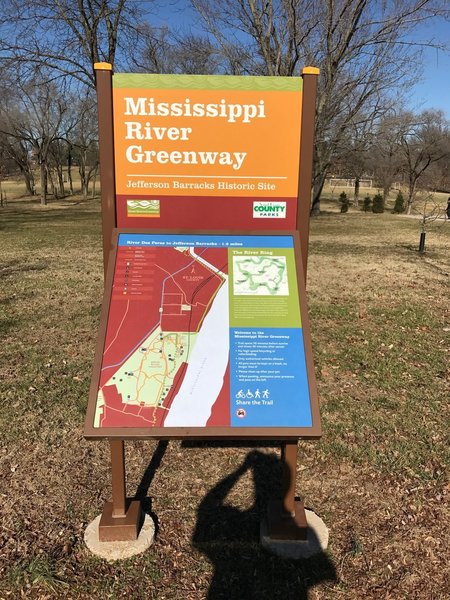 An informative kiosk lives near the entrance to the Mississippi River Greenway at Jefferson Barracks Park.