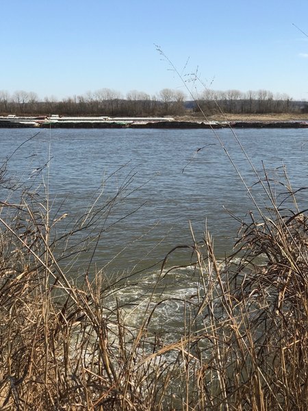 Trailside views look across the Mississippi River toward Illinois.