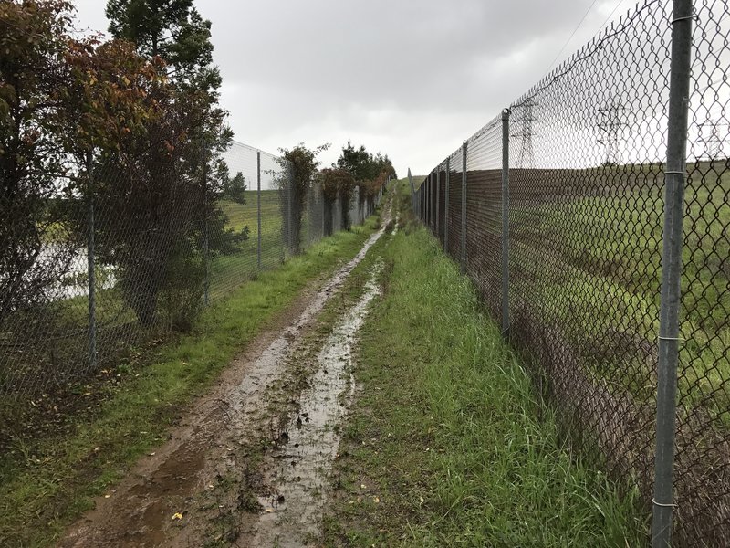 The trail makes its way between two fences as it climbs back up the hill.