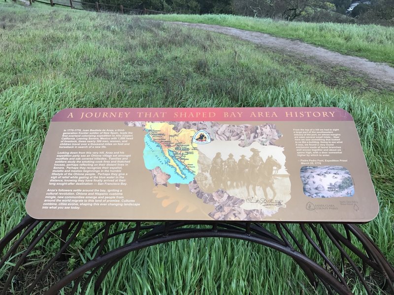 This sign details Juan Bautista de Anza's visit to the area in 1776 and his visit to this very hilltop.