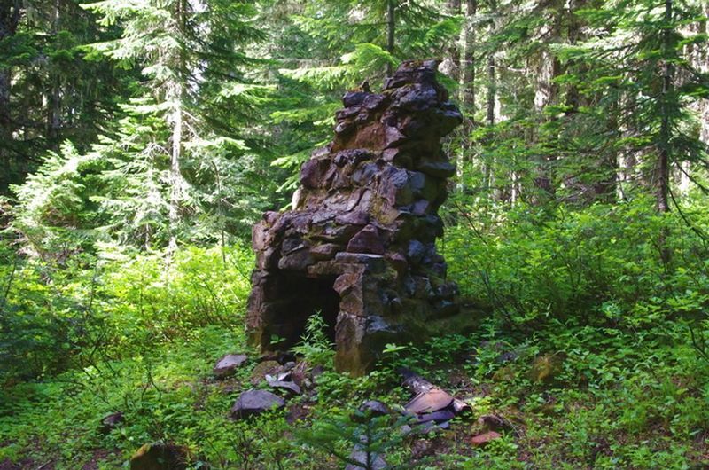 The remnants of the fireplace at the Plaza Lake Guard Station still stand. Photo by Cameron Brown.