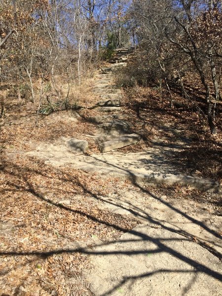 This is one of two 1930's staircases on the Caprock Trail carved from local limestone by the Civilian Conservation Corps (a work-relief program in operation during the Great Depression).