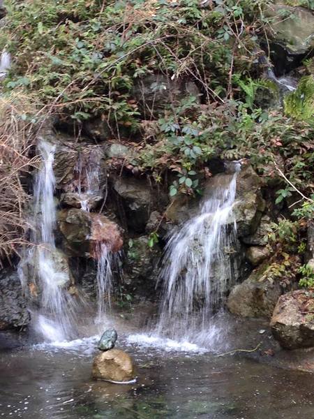 Water cascades through the rocks near the Wapato Lake Accessible Path in Wapato Park.