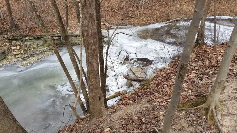 The lower waterfall often freezes solid during the winter.