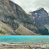 This is Moraine Lake up close. The mountains left-to-right are the base of the Tower of Babel, Mt. Babel, Mt. Fay, and Tonsa Peak.