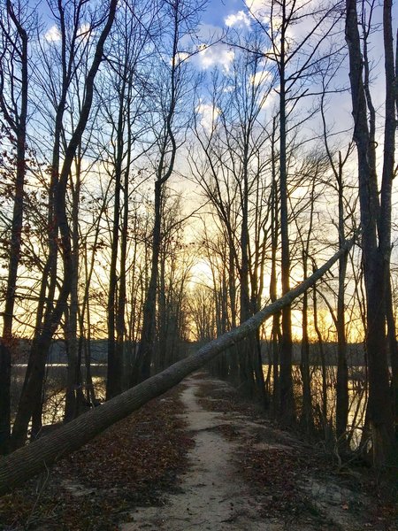 The sun sets over Jordan Lake and the Eagle Spur Trail.