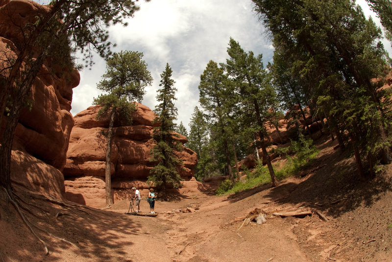 A group takes some photos of the rock formations at Red Rocks.