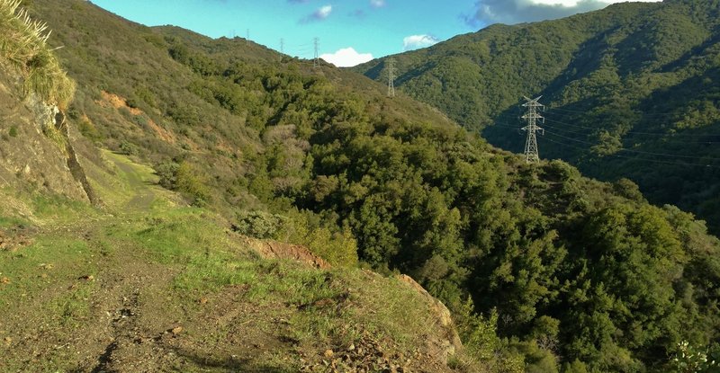 The Limekiln Trail winds along a steep, rugged hillside with a creek at the bottom.