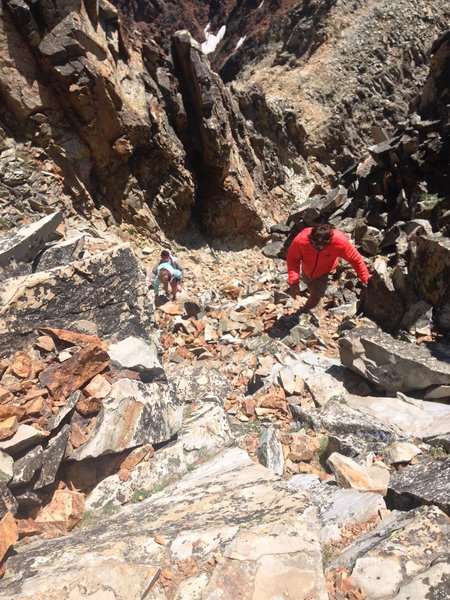 Navigate this steep scramble up a scree field as you approach the summit of Electric Peak.