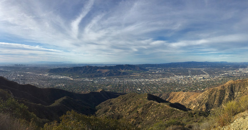 View from the top near the KROQ antenna, looking southwest at Griffith Park with Downtown LA off to the left.