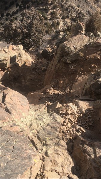 Looking down the rocky and loose descent atop Mount Morrison.