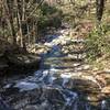 A waterfall slackens into a stream along the Flat Laurel Creek Trail.