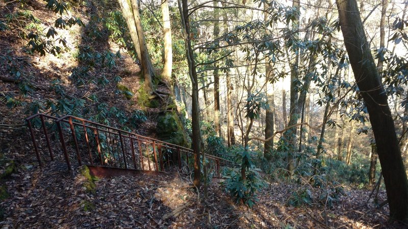 Iron stairs lead to the Sheltowee Trace along the Big South Fork from the Yahoo Falls Overlook Trail.