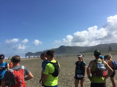 Waiting for the start gun at Lion Rock, look down Piha Beach for an awesome view.