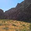 Before the switchbacks on the Oak Spring Trail, the "Window" can be seen between the two mountains.