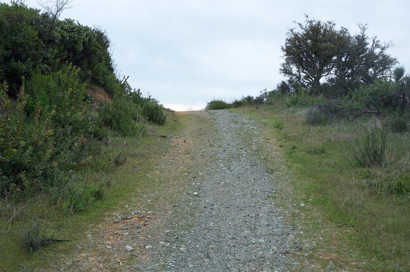 The Serenity Trail turns to gravel briefly before turning back into dirt and descending from the ridge.