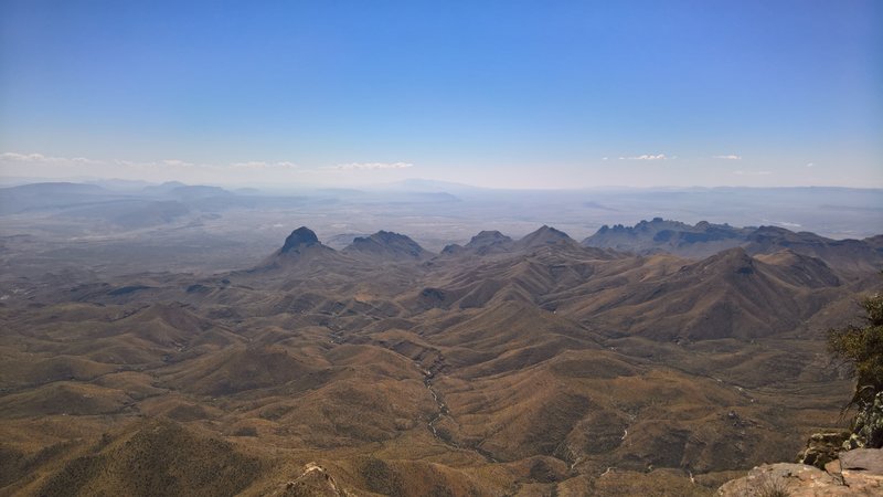 Looking south from the Southwest Rim Trail, Mexico is far in the background, separated from us by the Rio Grande and a few smaller mountains.