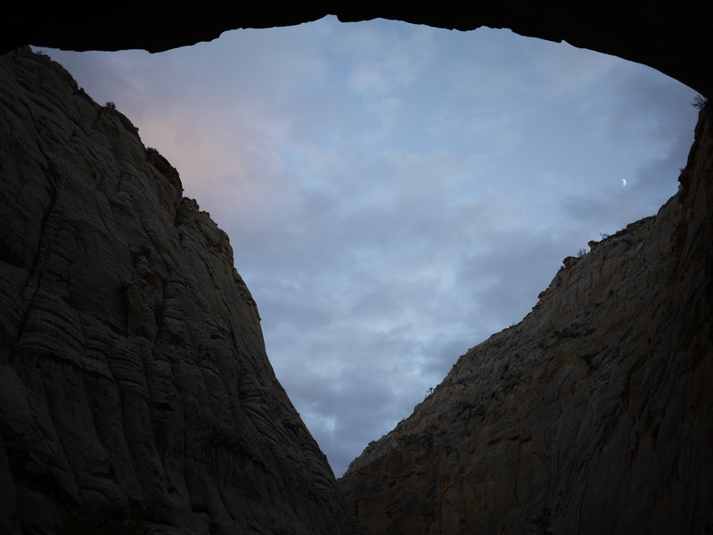 A triangular sky spans above our campsite alcove in Lower Death Hollow.