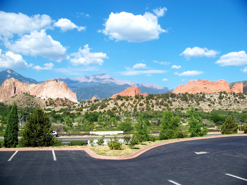 Pikes Peak is nicely framed by the 300 foot rock fins of Garden of the Gods from the Visitor Center.