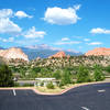 Pikes Peak is nicely framed by the 300 foot rock fins of Garden of the Gods from the Visitor Center.