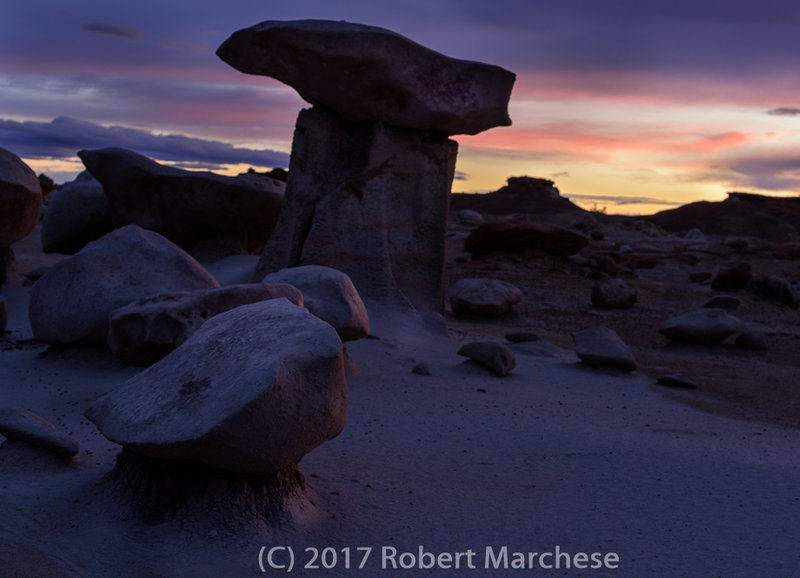 The sun sets over a stout hoodoo along the hike. More than 20 exist in this area for your viewing.