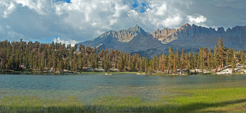 The lowest of the Little Five Lakes offers a pleasant shoreline view with Black Kaweah and Red Kaweah in the background.