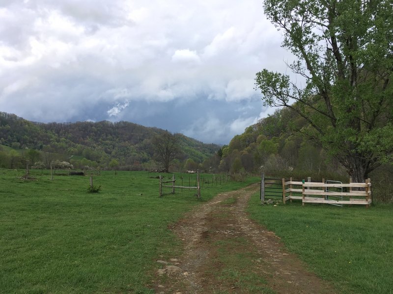 Heading back down through the pastures on the Overmountain Victory Trail.