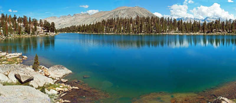 This is a view of the first large Red Spur Lake, looking toward the Kern Point and Mt. Tyndell portion of the Sierra Crest.