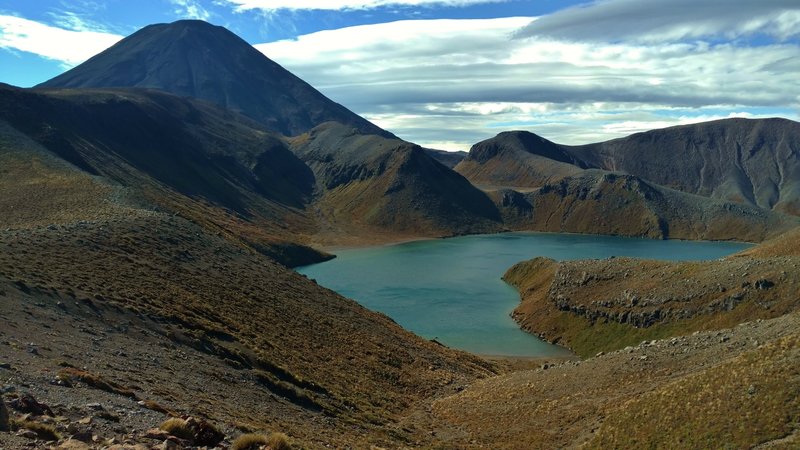 Looking northeast at the end of Tama Lakes Track, enjoy a spectacular view of Upper Tama Lake with Mt. Ngauruhoe on the left.