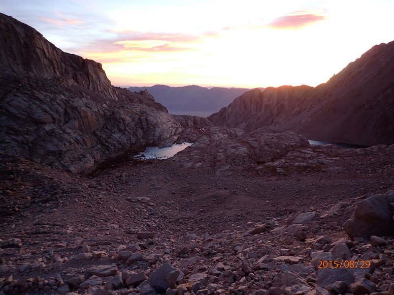 Daybreak looking down on Trail Camp from the middle of the 99 switchbacks. Can you find the tents?