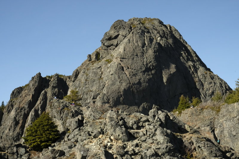 The "Haystack". People on the left ledge for scale. Look close above the triangle tree on the right, that's a climbing rope- hard core climbers!