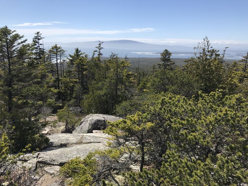 Near the top of the Ranger Station Trail, where it connects with Anvil and East Trail, you can see Cadillac Mountain and Bar Harbor off in the distance.