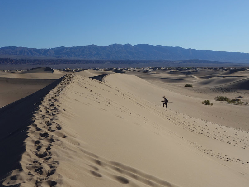 A photographer ascends a dune at Mesquite Sand Dunes.