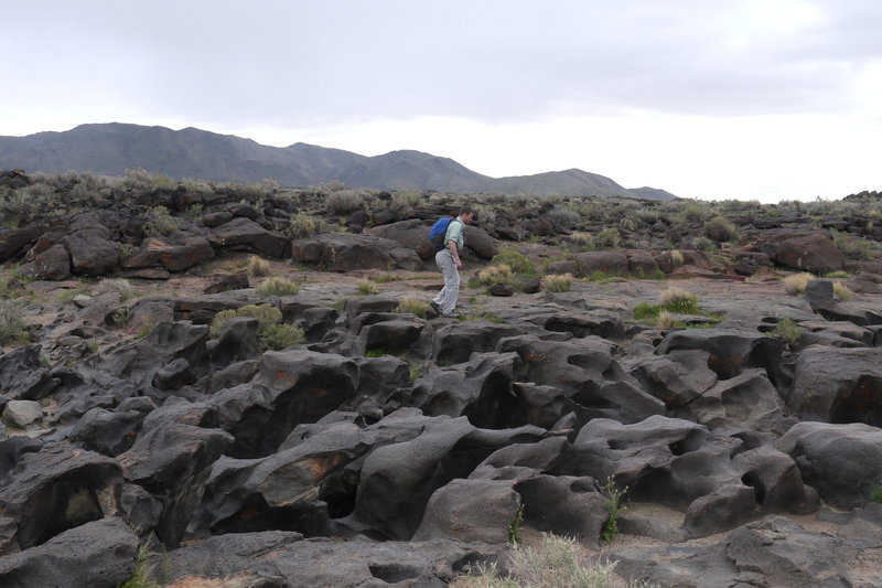 Volcanic basalt makes your passage difficult near Fossil Falls.