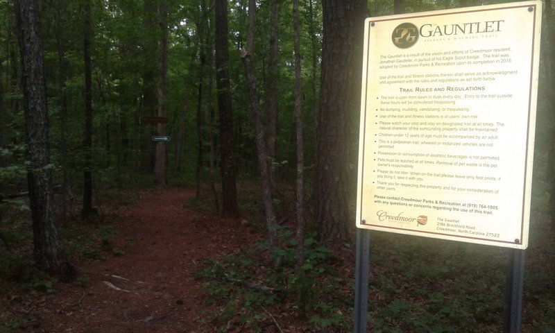 The entrance to the Gauntlet Fitness and Walking Trail is marked by this sign detailing the trail rules and regulations.