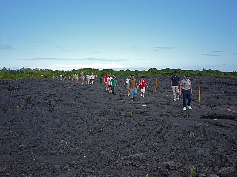 A host of amateur volcanologists heads to the Kamokuna Ocean Entry lava flow.