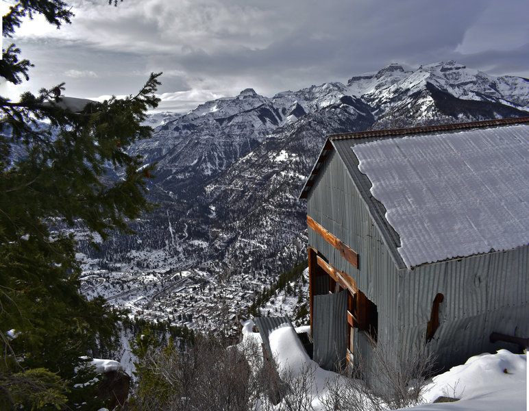 The view is expansive looking down on Ouray from the machine shop of the Chief Ouray Mine.