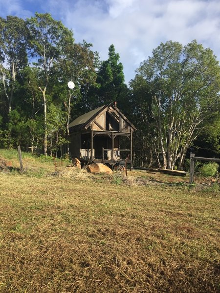 A woodland cottage can be seen alongside the trail.