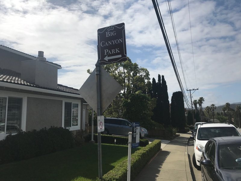 Look for this sign on Crestview Drive to reach the trailhead for Big Canyon Park.