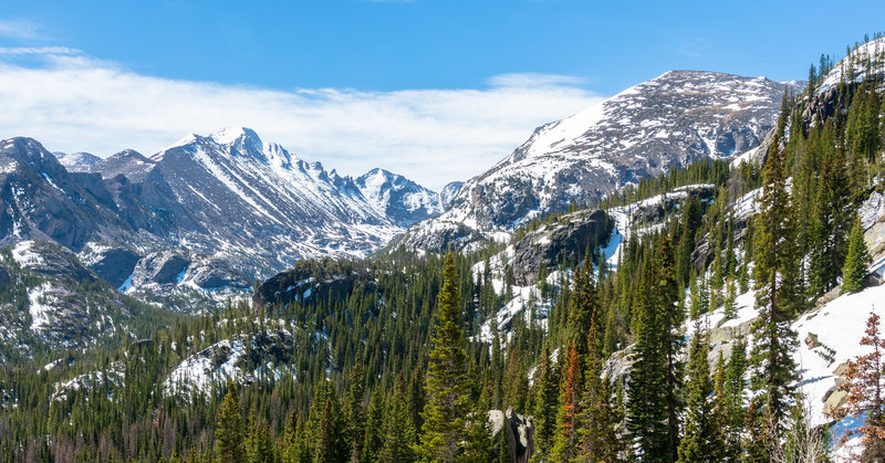 Longs Peak stands prominently in the distance along the Lake Haiyaha Trail.