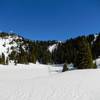 In May, Desolation Lake and the surrounding area are still covered in snow.