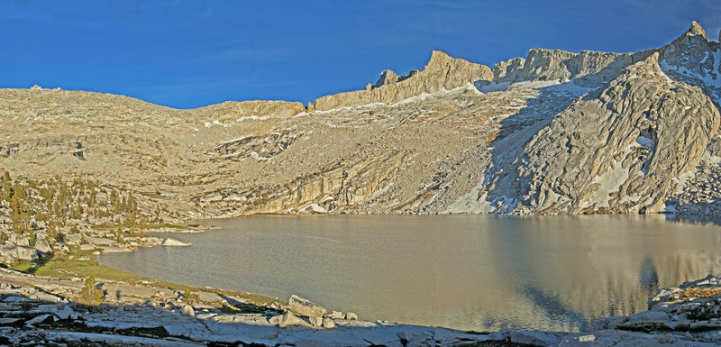 Cathedral Lake and Finger Col glimmer in the evening light.