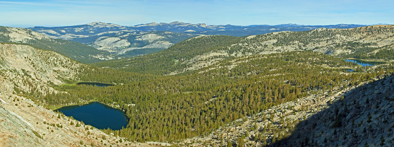 This view from Blackcap Gap is looking toward Guest and the Upper McGuire Lakes with Colt and Horsehead Lakes on the right side.