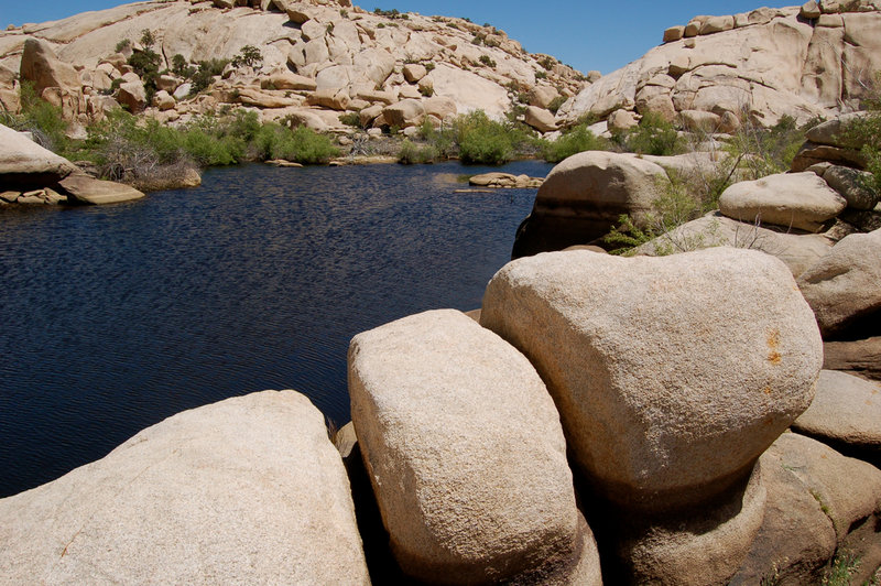 Boulders and rocks line the Barker Dam.