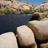 Boulders and rocks line the Barker Dam.