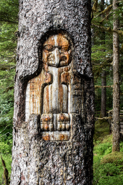 A beautiful wood carving stands guard along the Forest Trail.