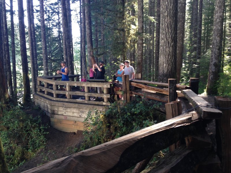 A crowd enjoys Lower Lewis River Falls from the viewing area.