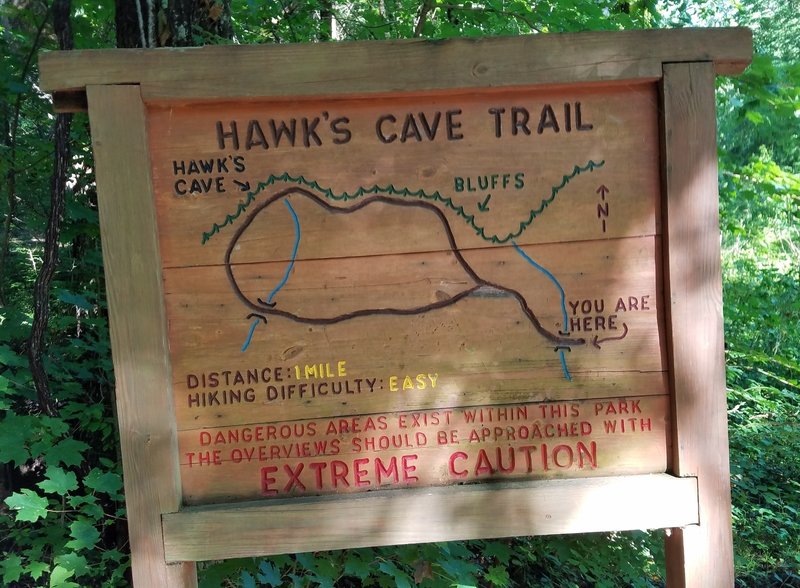 An informative sign marks the entrance to the Hawk's Cave Trail.