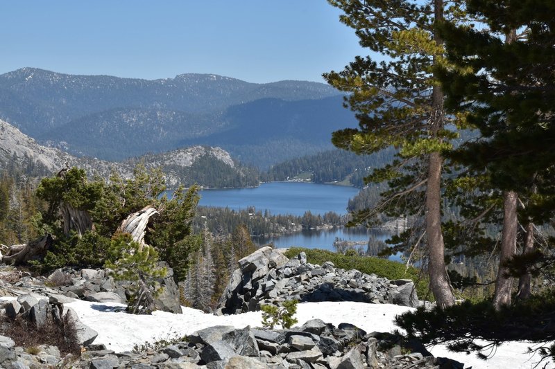 You'll enjoy a great view looking over Upper and Lower Echo Lakes from the trail to Tamarack Lake.